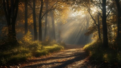Obraz premium Sunlight filtering through autumn forest trees onto a path.