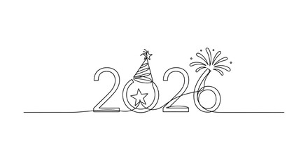 2026 text with firework and new year hat one line art black white