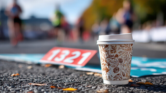 Coffee cup on the ground at a marathon event with blurred runners in the background and race number in focus