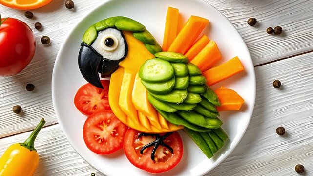 A colorful fruit arrangement shaped like a parrot. The dish includes slices of mango, cucumber, and tomato, surrounded by red and yellow peppers.	
