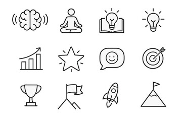 Naklejka premium Podcast Listening Icons. Listening to podcasts. Line outline icon set of Listening to podcasts: brain with