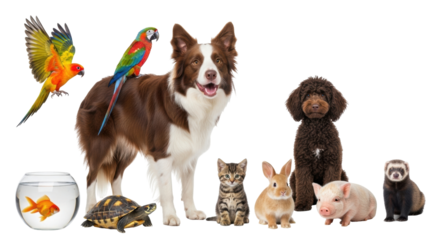 Isolated pets, a diverse collection of familiar domestic animals against a plain setting