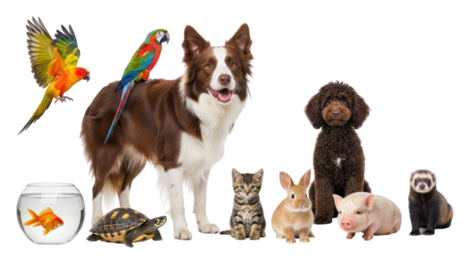 Isolated pets, a diverse collection of familiar domestic animals against a plain setting