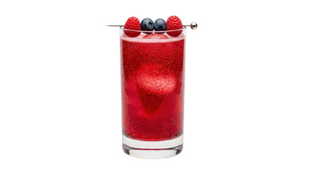 Isolated red sparkling cocktail with ice, raspberries, and blueberries on a skewer, tasty