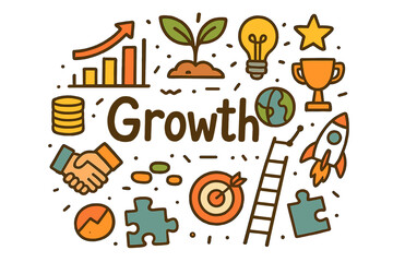 Obraz premium Symbols of Growth. Growth. Hand-drawn doodle illustration of Growth. bar chart, upward arrow, plant sprout,