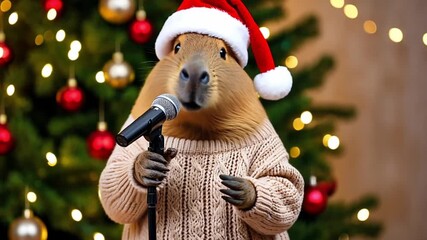 A capybara wearing a red Santa hat and a cozy sweater sings into a microphone in front of a decorated Christmas tree with lights and ornaments.	
 - Powered by Adobe