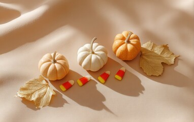 Small pumpkins, candy corn, and dried leaves create a cozy autumn display on a soft beige surface