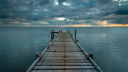 Fototapeta premium Wooden pier extending into a calm body of water under a cloudy sky dock jetty