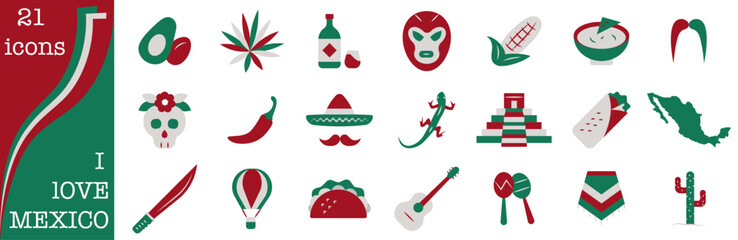 Icons with symbols of Mexico in national colors about traditions, food, and culture.