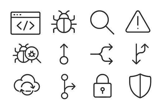 App Development Icon Set. A team working on an app development project in a tech startup. Line outline icon