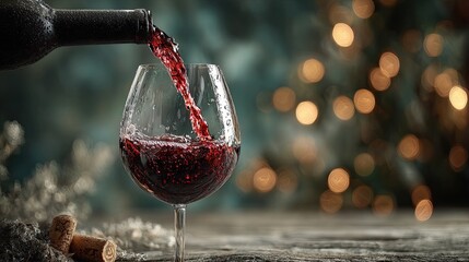 Pouring red wine into a glass against a rustic backdrop. Blurred bokeh background.