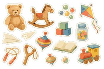 Nostalgic Toy Stickers. Childhood Memories. Realistic watercolor style sticker sheet of Childhood Memories: