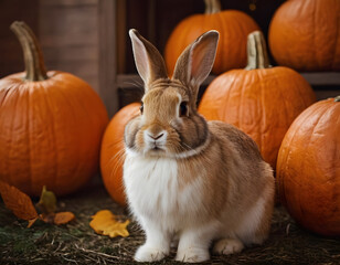 cute fluffy rabbit on the background of halloween pumpkins, rabbit with pumpkin