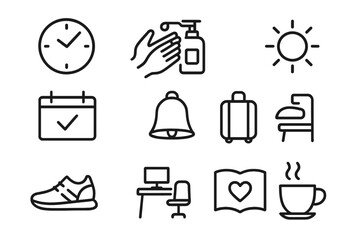 Daily Routine Icons. Using hand lotion. Line outline icon set of Using hand lotion: clock, daily routine,