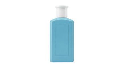 Isolated blue plastic bottle with white cap, bathroom item or product shot for advertising