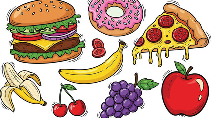 Cute Cartoon Food Characters Vector Illustration | Burger, Pizza, Fruit, and Donut

Kawaii Food Doodles and Happy Face Snacks Color Set

Vibrant Illustration: Cheerful Fast Food and Healthy Fruit Icon