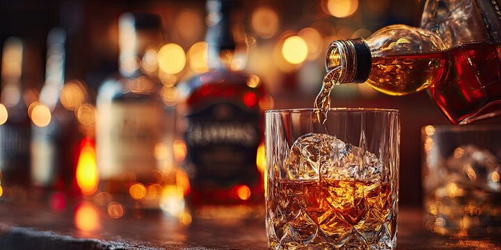 Whiskey is poured from a bottle into a glass with ice. In the background are bottles of various alcoholic drinks. High definition