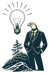 Business Eagle in Suit Stands Beside Mountain Landscape with Bright Idea 