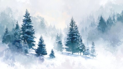 Snowy winter forest painted in watercolor style. Landscape background with tall pines. Peaceful forest with sparkling snowflakes, creating a holiday atmosphere. Warm bokeh lights. Generative AI