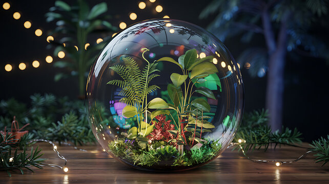 Lush Terrarium with Plants and Fairy Lights glass sphere globe