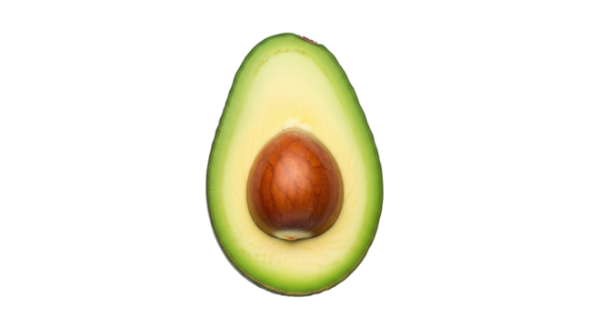 Isolated half avocado with seed, fresh tropical fruit, healthy eating and dieting concept