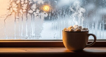 Steaming Hot Chocolate With Marshmallows Comforting Warm Drink On A Cold Frosty Window Sill