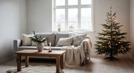Cozy Living Room Decorated for the Holidays with a Beautiful Christmas Tree and Warm Ambiance