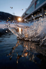 Naklejka premium A breathtaking close-up of water droplets splashing in a serene setting, illuminated by soft sunlight reflecting off nearby structures, creating a tranquil atmosphere.
