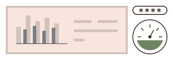 Bar chart representing data trends, speedometer gauge showing progress, and secure password placeholder. Ideal for analytics, security, performance, monitoring, progress finance technology. Simple