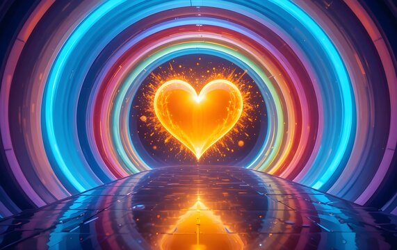 Radiant golden heart emitting love energy within a vibrant rainbow tunnel for inspirational romance and Valentine's themes