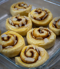 Homemade Cinnamon Rolls Ready to Bake. An appetizing close-up of raw, unbaked sweet pastry swirled with cinnamon sugar. Shallow depth of field highlights the texture of this delicious comfort food.