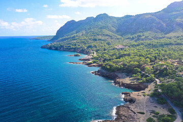 Naklejka premium Panoramic aerial view. Cala Morlanda, S'Illot, Manacor coast. Near Alcúdia. Mediterranean Sea, Mallorca, Balearic Islands, Spain, Europe