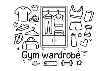 Fototapeta premium Doodle Gym Wardrobe. Gym wardrobe. Hand-drawn doodle illustration of Gym wardrobe. In the middle, one slightly