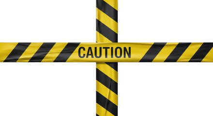 Yellow and black striped caution tape in a cross shape. Isolated on transparent background, png