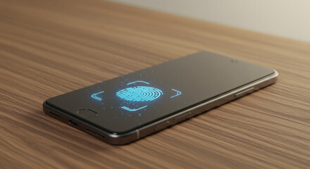 Smartphone with luminous blue fingerprint icon on screen, illustrating advanced biometric security, user authentication, and data protection for secure mobile access and digital privacy
