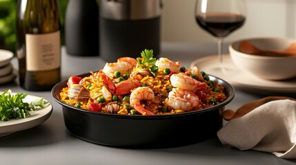 Delicious Seafood Paella with Shrimp, Mussels, and Peas Served in a Black Pan with Wine and Herbs in the Background
