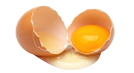 Isolated cracked eggshell with yolk leaking out on a table, ready for cooking, baking
