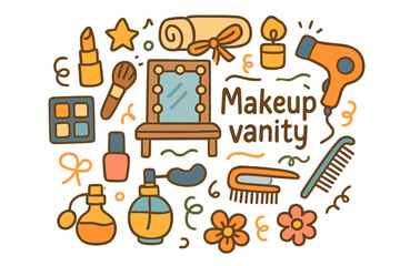 Makeup Vanity Doodle. Makeup vanity. Hand-drawn doodle illustration of Makeup vanity. mirror, light bulb,