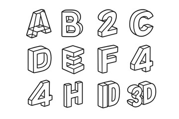 3D Typography Icons. 3D typography. Line outline icon set of 3D typography: wireframe letters, outlined