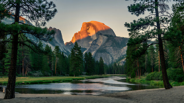 Half Dome Mountain Yosemite National Park at Sunset with River and Trees image
