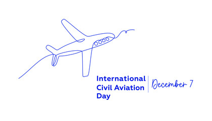 International Civil Aviation Day. Minimalistic concept design with line art style airplane. Horizontal banner or card. Hand drawn single line vector illustration.
