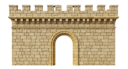 Isolated Brick Wall with Archway- Building Structure, Facade, Stone, Medieval, Fortress, Castle Gate