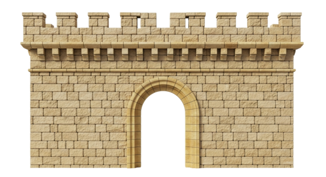 Isolated Brick Wall with Archway- Building Structure, Facade, Stone, Medieval, Fortress, Castle Gate