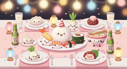 Cute Kawaii Food Characters Celebrate a Festive Party With Delicious Sushi and Dumplings