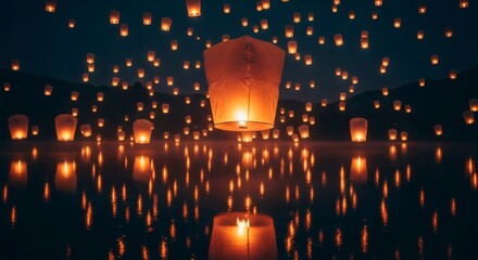 Illuminating Night Sky A Symphony of Floating Lanterns Reflecting Upon Calm Waters