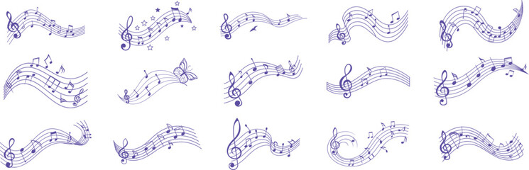 Blue musical notes and flowing staff lines forming artistic wave designs. Decorative melody patterns perfect for creative backgrounds, posters, and music-themed projects. Elegant vector art for design © Sk