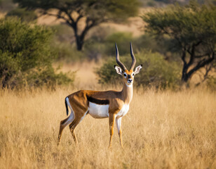 Wildlife portrait of a solitary deer standing alert in a grassy savanna landscape, captured in natural light with emphasis on nature, habitat, and graceful animal posture.