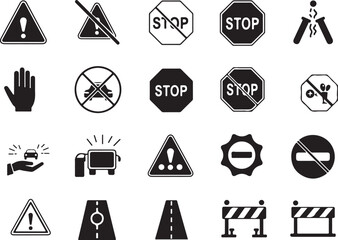 Black STOP icon set featuring warning, prohibition, and alert symbols. Includes hand signs, danger, no entry, and road barrier icons. Flat vector illustration for safety and caution design themes.