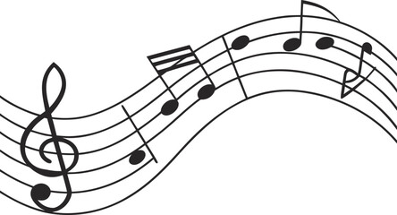 Elegant black musical note wave line art on white background. Minimalist treble clef melody illustration symbolizing sound, rhythm and harmony. Perfect for music and art design. © Sk