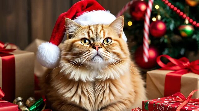 Fluffy ginger cat with a grumpy expression wearing a Santa hat, surrounded by Christmas presents and festive decorations